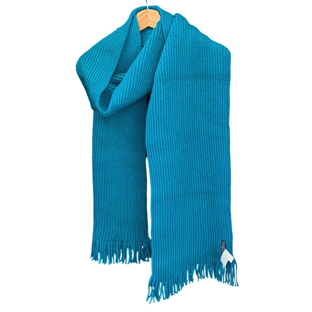 Euro Vintage West Germany Knit Scarf Turquoise Retro Winter Cozy Fringed 80's